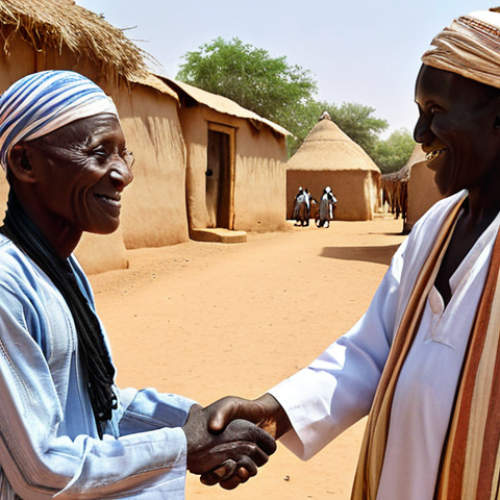 Home 11 **
A friendly tourist shaking hands with a Chadian elder in a village. The elder is wearing traditional clothing. Focus on the respectful greeting and the warmth of the encounter. Background should show a typical Chadian village scene.
**