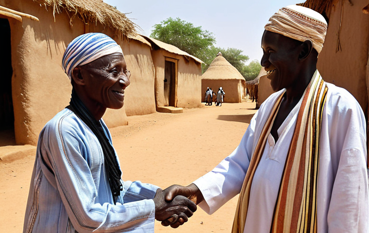 **
A friendly tourist shaking hands with a Chadian elder in a village. The elder is wearing traditional clothing. Focus on the respectful greeting and the warmth of the encounter. Background should show a typical Chadian village scene.
**