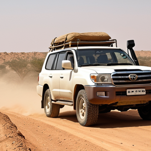 Home 6 **Prompt:** A Toyota Land Cruiser driving on a dusty, unpaved road in Chad. The vehicle is surrounded by arid landscape with a clear, hot sky. Focus on the ruggedness of the terrain and the vehicle's capability. In the background, a small village can be seen. Realistic, high detail.