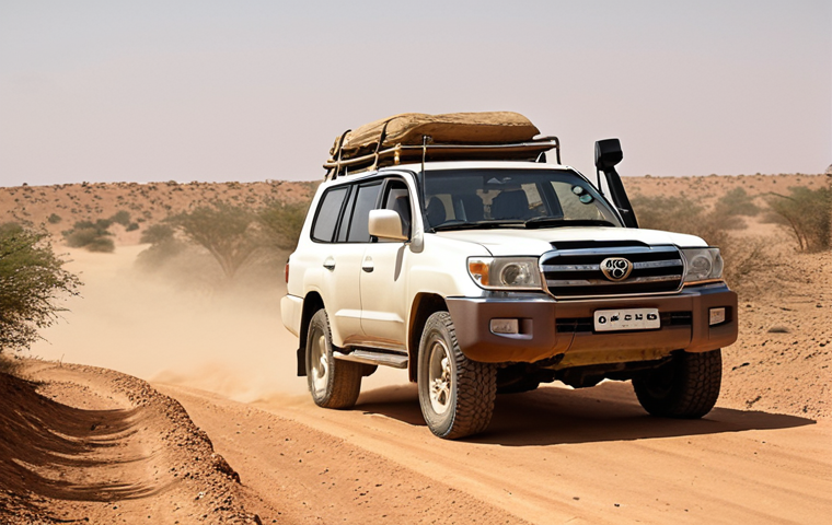 **Prompt:** A Toyota Land Cruiser driving on a dusty, unpaved road in Chad. The vehicle is surrounded by arid landscape with a clear, hot sky. Focus on the ruggedness of the terrain and the vehicle's capability. In the background, a small village can be seen. Realistic, high detail.