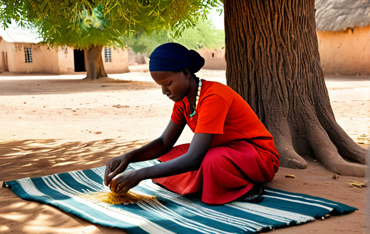 A professional Chadian female artisan, fully clothed in modest, traditional attire, her hands expertly weaving an intricate, naturally-dyed textile. Her focused expression shows concentration and skill. She is sitting on a woven mat under the shade of a large, ancient tree in a sun-drenched, dusty village, with finished and unfinished fabric rolls visible in the background. The scene is bathed in soft, natural light, highlighting the rich textures and earthy tones of the materials. perfect anatomy, correct proportions, well-formed hands, proper finger count, natural body proportions, natural pose, professional dress, appropriate attire, safe for work, appropriate content, family-friendly, professional photography, high quality, detailed, intricate, sharp focus.