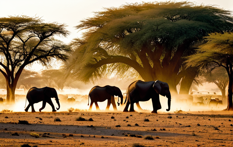 Zakouma's Elephant Herd**

"A vast African savanna at golden hour, showcasing a large herd of elephants grazing peacefully. Dust motes dance in the warm light. In the background, acacia trees dot the landscape.  Perfect anatomy, correct proportions, natural pose, safe for work, appropriate content, fully clothed (the elephants!), professional, family-friendly, high-resolution, photorealistic."

**