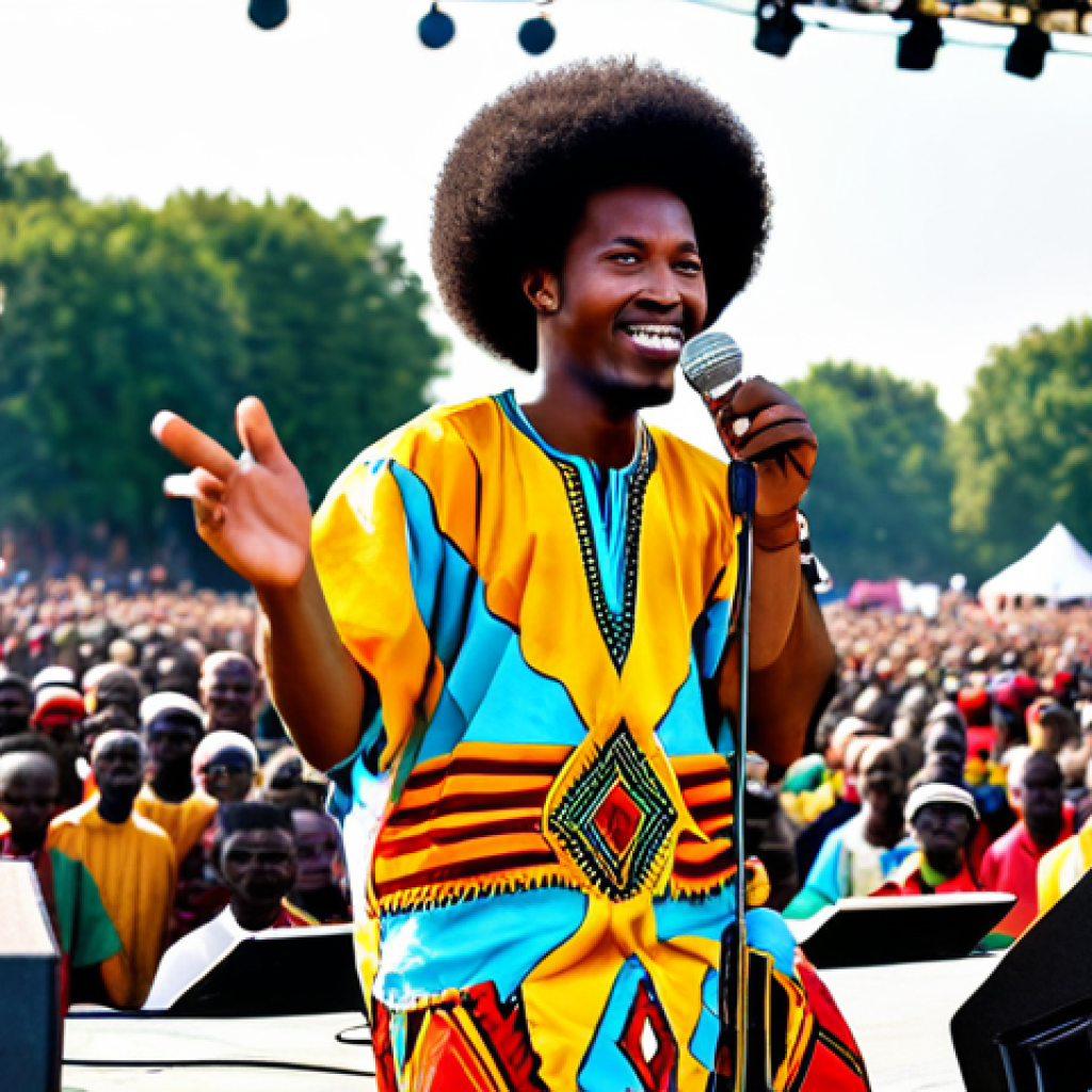 **

"A Chadian afro-pop musician performing on stage at the Festival National de la Culture (FENAC), fully clothed in vibrant, modest African attire, holding a microphone, surrounded by traditional instruments like drums and a balafon. The background shows a diverse crowd enjoying the music. Perfect anatomy, correct proportions, well-formed hands, proper finger count, natural pose, professional photography, high quality, safe for work, appropriate content, family-friendly."

**