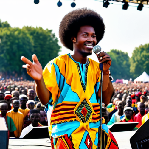 Home 28 **
"A Chadian afro-pop musician performing on stage at the Festival National de la Culture (FENAC), fully clothed in vibrant, modest African attire, holding a microphone, surrounded by traditional instruments like drums and a balafon. The background shows a diverse crowd enjoying the music. Perfect anatomy, correct proportions, well-formed hands, proper finger count, natural pose, professional photography, high quality, safe for work, appropriate content, family-friendly."
**