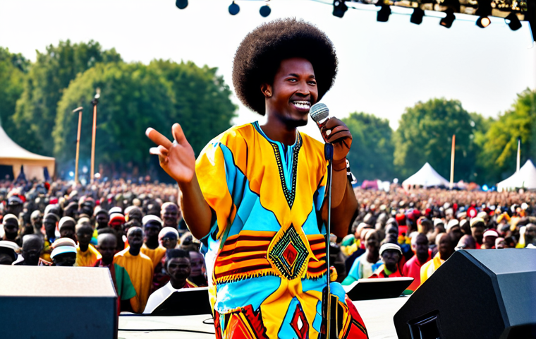 **

"A Chadian afro-pop musician performing on stage at the Festival National de la Culture (FENAC), fully clothed in vibrant, modest African attire, holding a microphone, surrounded by traditional instruments like drums and a balafon. The background shows a diverse crowd enjoying the music. Perfect anatomy, correct proportions, well-formed hands, proper finger count, natural pose, professional photography, high quality, safe for work, appropriate content, family-friendly."

**