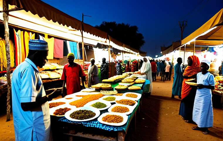 **

"A bustling night market scene in N'Djamena, Chad. Vendors in modest, traditional clothing are selling food and crafts. Focus on colorful textiles and handcrafted souvenirs, perfect anatomy, correct proportions, natural pose, well-formed hands, proper finger count, safe for work, appropriate content, fully clothed, professional, modest, family-friendly."

**