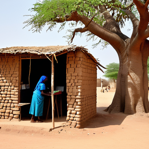 Home 26 **
"A bustling mobile money kiosk in a Chadian village. A woman in vibrant, traditional clothing is using her mobile phone to send money. In the background, a simple mud-brick house and a baobab tree are visible. Focus on the convenience and accessibility of mobile money for rural communities. fully clothed, appropriate attire, safe for work, professional photography, perfect anatomy, natural proportions, family-friendly, modest."
**
