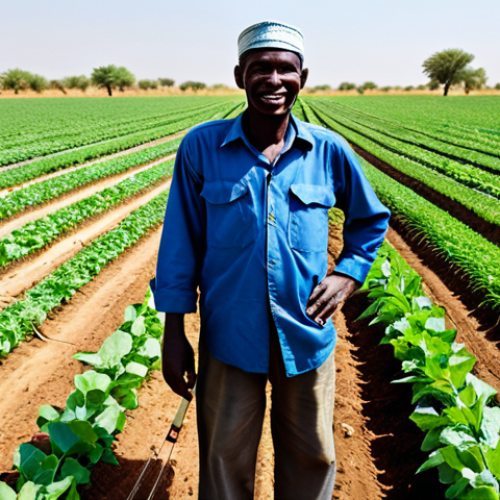 Home 12 Modern Agriculture in Chad**
"A Chad farmer in appropriate work attire, standing in a field of healthy crops using a modern drip irrigation system, showcasing efficient water usage, fully clothed, appropriate content, safe for work, professional agriculture, perfect anatomy, correct proportions, well-formed hands, sunny day, positive and hopeful atmosphere, family-friendly"
**
