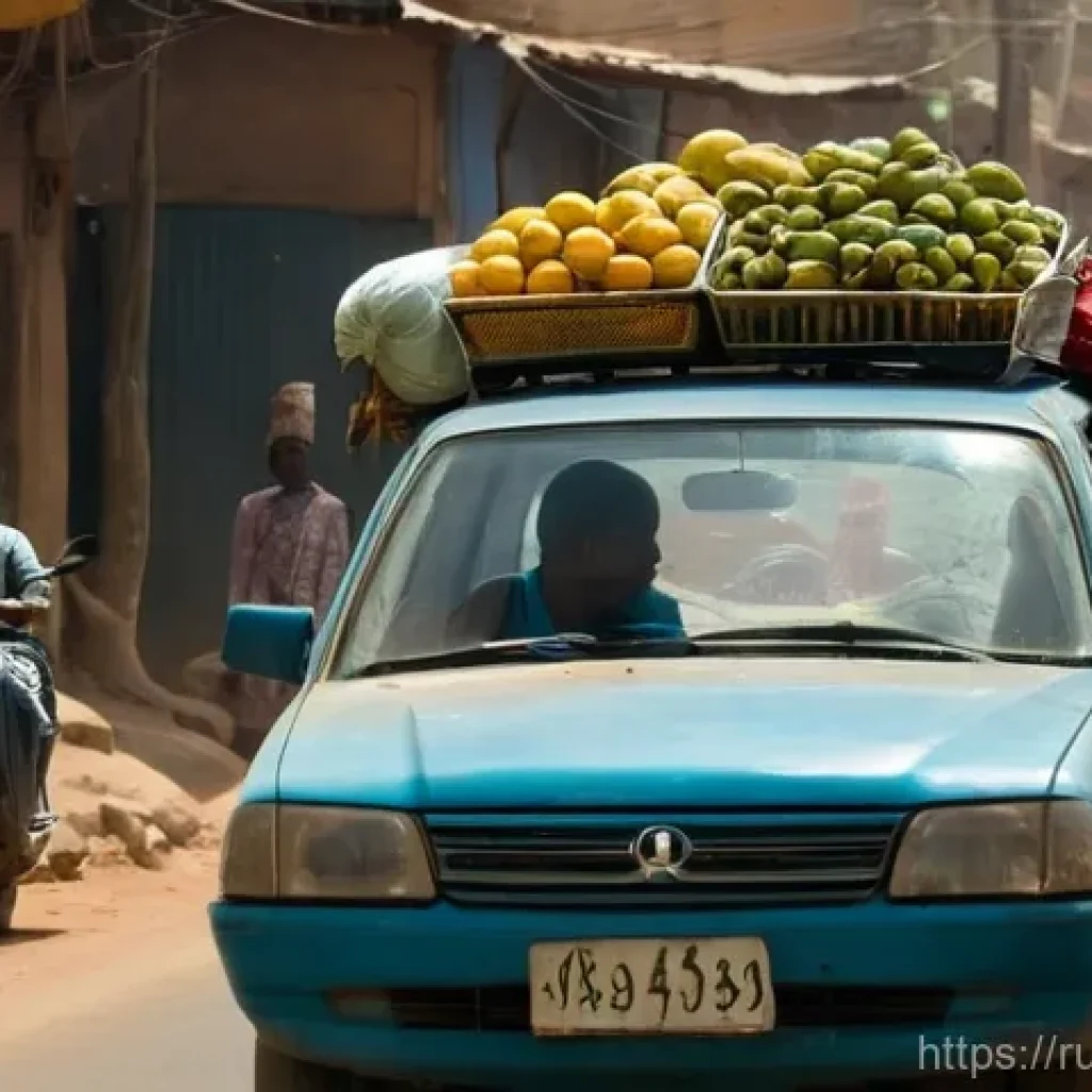 차드의 특이한 교통 문화 - A dynamic, wide-angle shot of a bustling street in N'Djamena, Chad, during a bright, sunny day. The ...