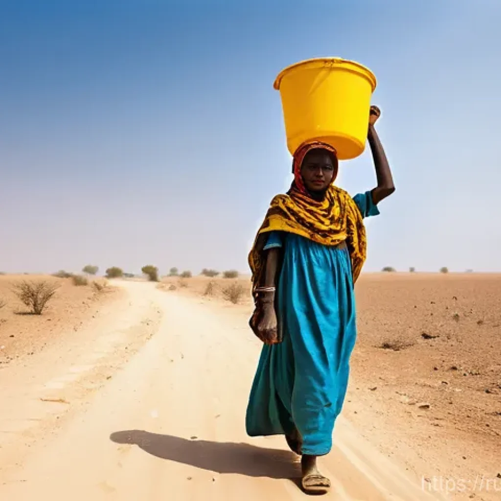차드의 공공 위생과 식수 문제 - **Prompt 1: The Long Walk for Water**
A wide shot of a determined Chadian woman, in her late 20s...