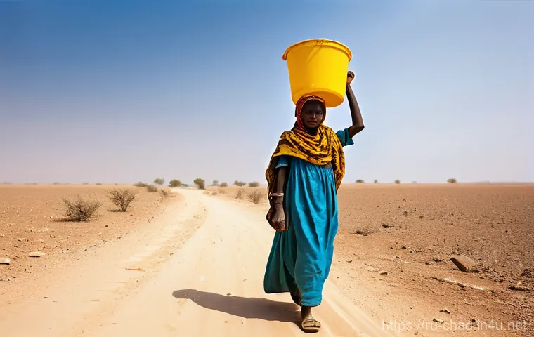 차드의 공공 위생과 식수 문제 - **Prompt 1: The Long Walk for Water**
    A wide shot of a determined Chadian woman, in her late 20s...