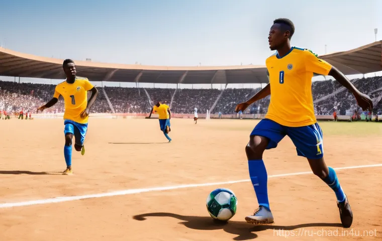 차드 축구 국가대표팀 - **A powerful and dynamic action shot of the Chad national football team, "Les Sao," playing on a dus...