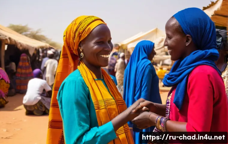 차드에서 주의해야 할 점 - A respectful and warm interaction between a female traveler and a local Chadian woman at a village m...