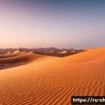 차드 여행 최적의 시기 - **Desert Serenity at Dawn:** "A wide-angle shot of the majestic Sahara Desert at sunrise, casting lo...