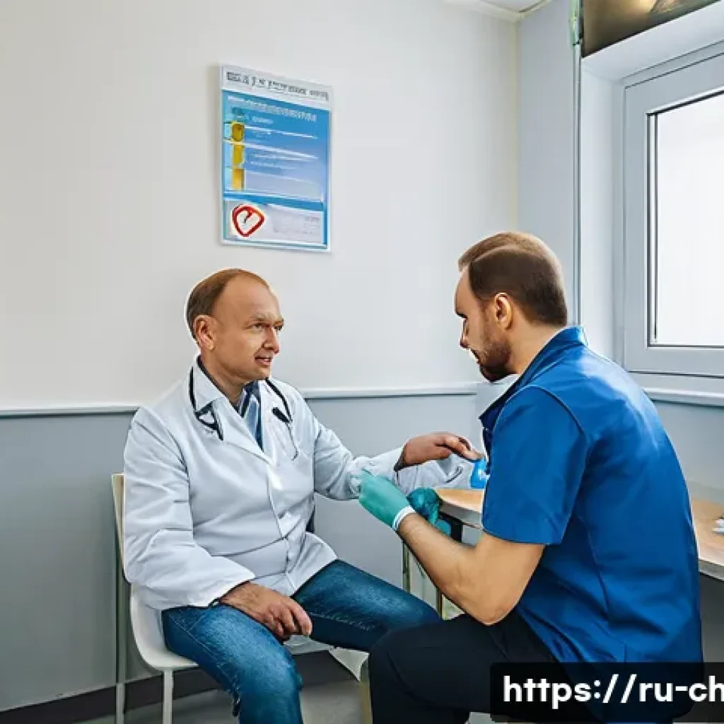 차드에서 필수 예방접종 리스트 - A detailed medical clinic scene in a modern urban setting in Russia, showing a licensed healthcare p...