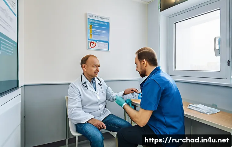 차드에서 필수 예방접종 리스트 - A detailed medical clinic scene in a modern urban setting in Russia, showing a licensed healthcare p...