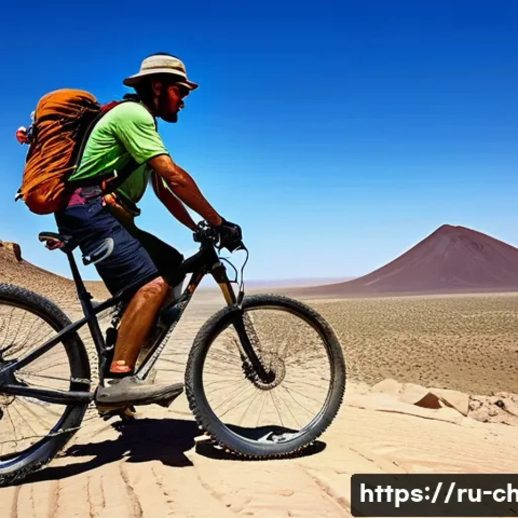 차드에서 자전거 여행 루트 - A rugged mountain bike rider traversing the vast, sun-drenched volcanic plateaus of the Tibesti regi...