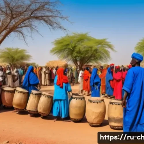 차드의 미신과 전통적 믿음 - A vibrant rural Chad village scene during a seasonal ritual before planting crops, featuring a diver...