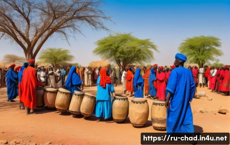차드의 미신과 전통적 믿음 - A vibrant rural Chad village scene during a seasonal ritual before planting crops, featuring a diver...