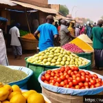 Home 21 차드에서 사용 가능한 통화 - A bustling open-air market scene in Chad featuring diverse local vendors selling colorful fruits, ve...