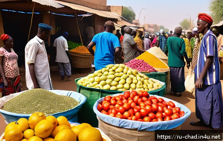 차드에서 사용 가능한 통화 - A bustling open-air market scene in Chad featuring diverse local vendors selling colorful fruits, ve...