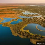 Home 18 차드에서 가장 큰 강과 호수 - A detailed aerial view of Lake Chad at sunset, showcasing its vast water surface surrounded by semi-...