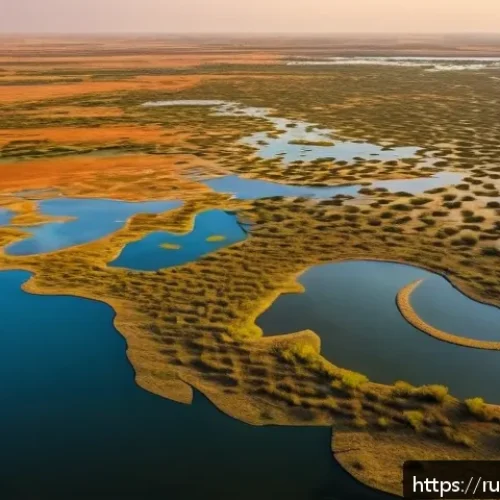 Home 30 차드에서 가장 큰 강과 호수 - A detailed aerial view of Lake Chad at sunset, showcasing its vast water surface surrounded by semi-...