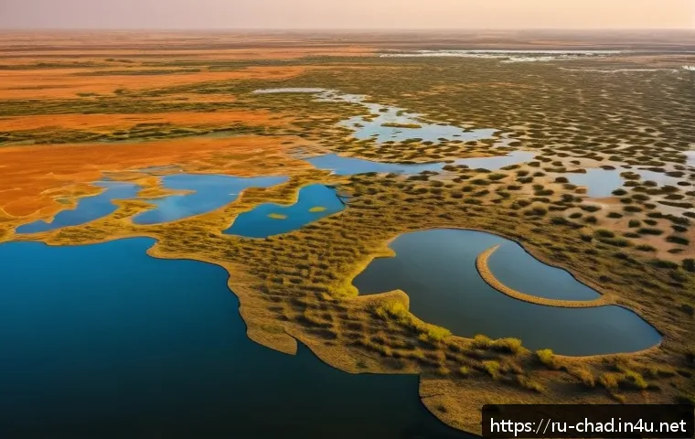 차드에서 가장 큰 강과 호수 - A detailed aerial view of Lake Chad at sunset, showcasing its vast water surface surrounded by semi-...