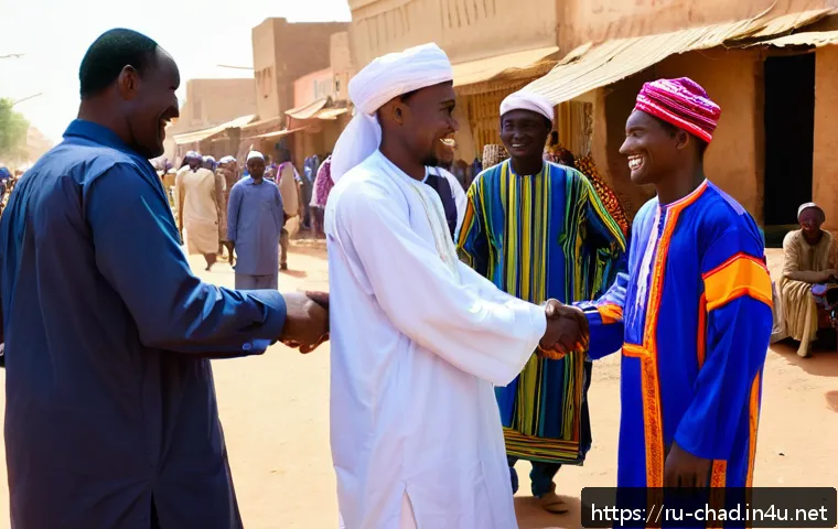 차드에서 친구 사귀는 팁 - A vibrant street scene in Chad showcasing a warm greeting between two adults from different ethnic g...
