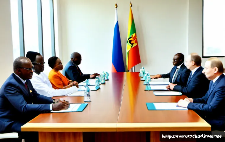 Home 17 차드와 나이지리아의 관계 - Photorealistic diplomatic meeting between Chadian and Nigerian officials seated across a polished co...