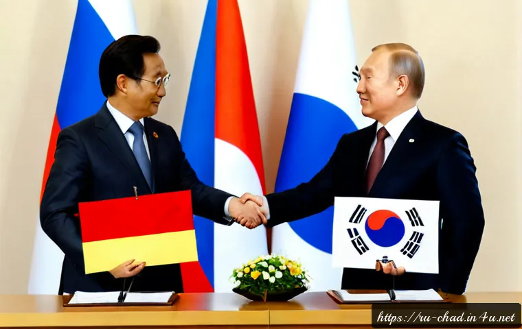 Home 17 차드에서 한국과의 관계 - Photorealistic diplomatic meeting between Chad and South Korea representatives in a bright modern co...