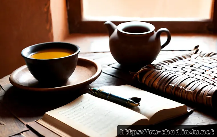 차드의 대표적인 문학 작품 - Photorealistic editorial scene of a Chadian novelist’s workspace in N'Djamena, an open handwritten m...