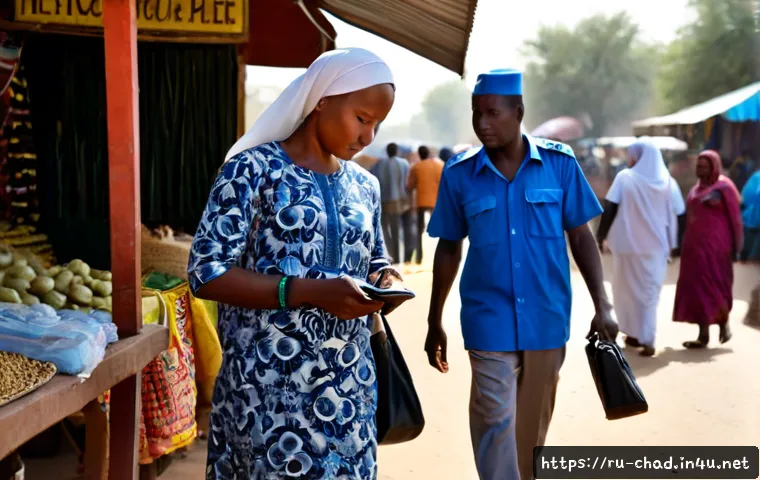 차드에서 사기 및 범죄 예방 팁 - Photorealistic street safety scene in N'Djamena, Chad, a cautious adult traveler standing beside a t...