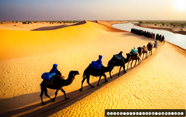 Home 17 차드의 역사적 사건 정리 - Photorealistic historical scene of ancient trans-Saharan trade in the Chad Basin, camel caravan cros...