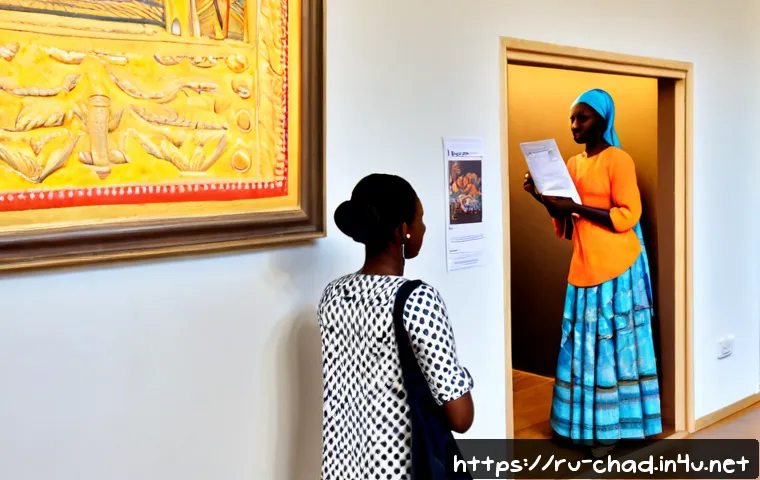 Home 17 차드에서 예술 작품 구입 방법 - Photorealistic scene inside a refined contemporary art gallery in N'Djamena, Chad, a Russian-speakin...